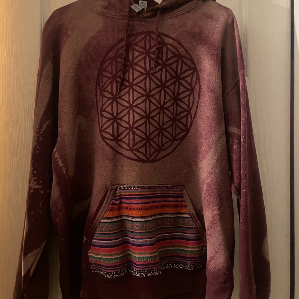 Maroon Flower of life Hoodie with Ethnic Patch Pocket